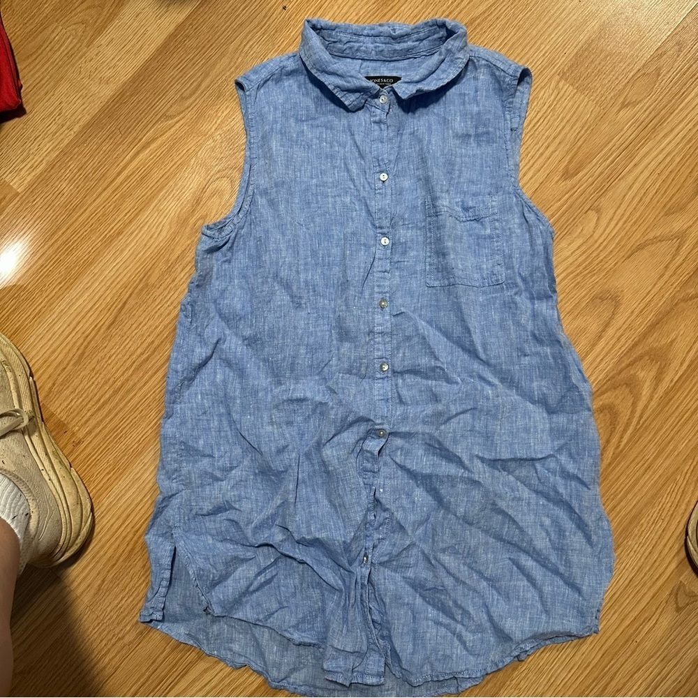 Jones & co 100% linen sleeveless blue casual baggy button down shirt size medium